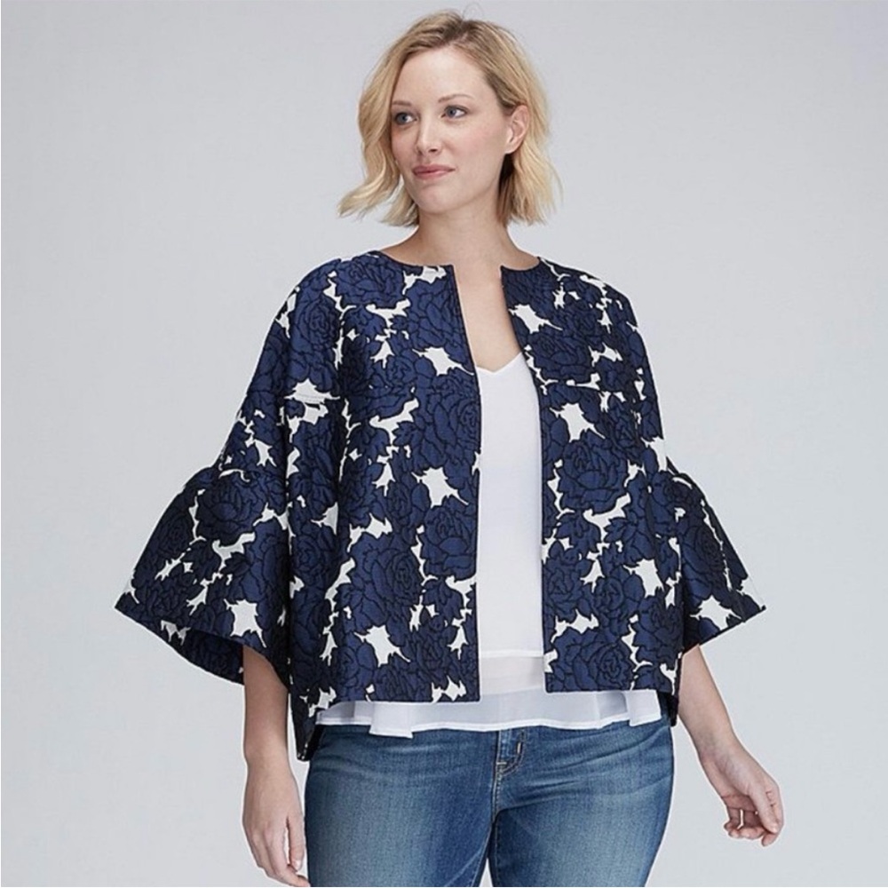 Lane Bryant Women's Bell Sleeve Jacquard Blue Floral Blazer in Plus Size 14/16